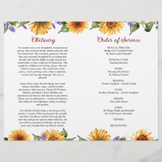 Programme funéraire des tournesols | Ordre de serv (Dos)