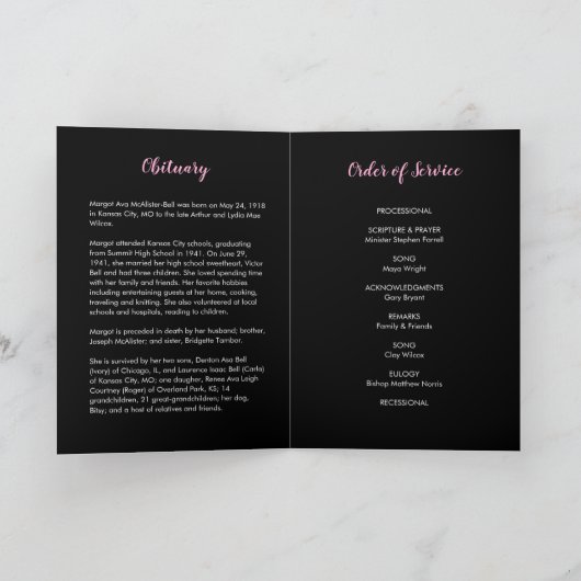 Programme funéraire noir et rose classique (Intérieur)