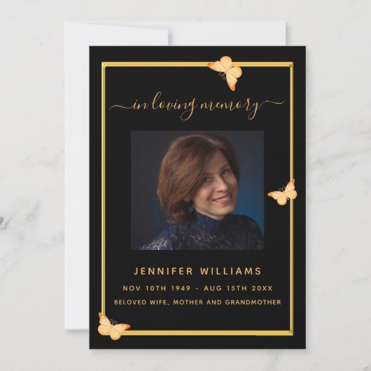 Programme funéraire photo de papillons en or noir (Devant)