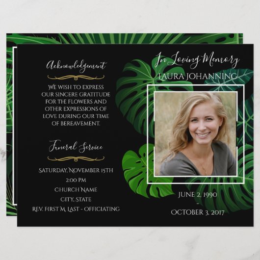 Programme funéraire photo Feuille tropical (Devant / Derrière)