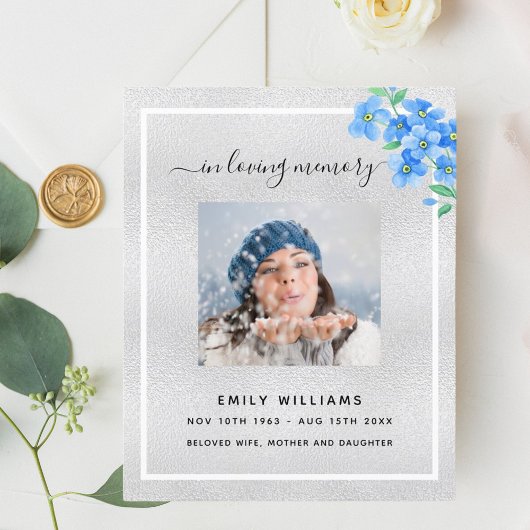 Programme funéraire photo florale bleu argenté