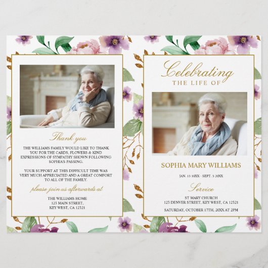 Programme funéraire rose et violet | Ordre de serv (Devant)