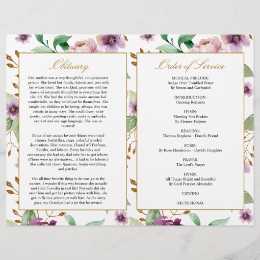Programme funéraire rose et violet | Ordre de serv (Dos)