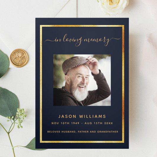 Programme funéraire tri-plié en or bleu foncé