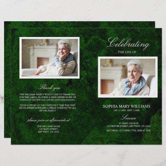 Programme funéraire vert et argent | Ordre de serv (Devant / Derrière)