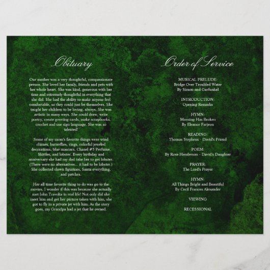 Programme funéraire vert et argent | Ordre de serv (Dos)