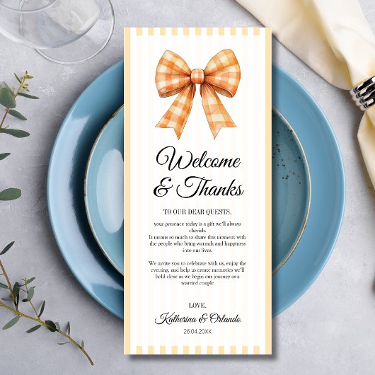 Programme Gingham Bow Wedding Place Setting Thank You Card