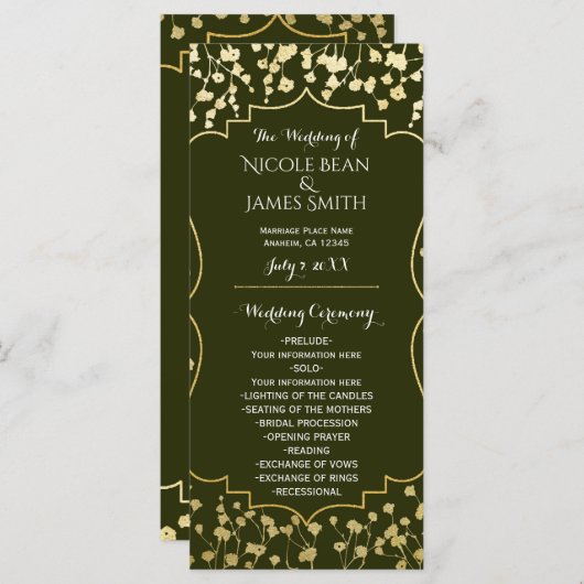 Programme Gold Baby's Breath Floral Olive Wedding Program (Devant / Derrière)