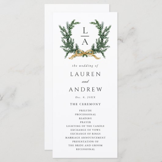 Programme Gold Bow & Green Garland Wedding Ceremony Program (Devant / Derrière)