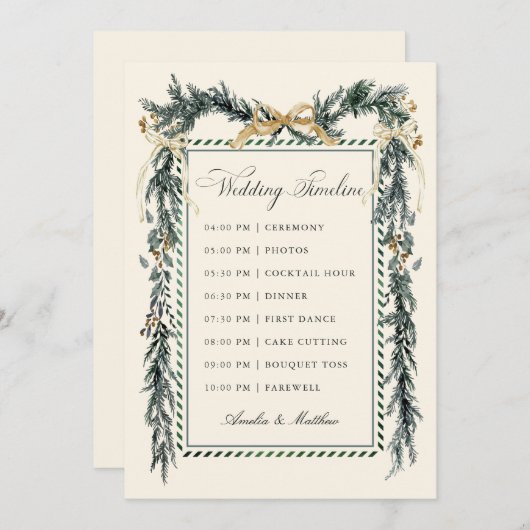 Programme Gold Bow & Greenery Garland Wedding Timeline Ivory (Devant / Derrière)