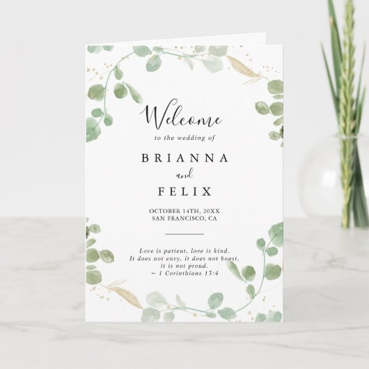 Programme Gold Confetti Eucalyptus Foliage Mariage plié (Devant)