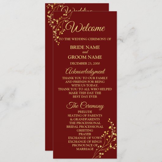 Programme Golden Floral Geometric Wreath Red Wedding (Devant / Derrière)