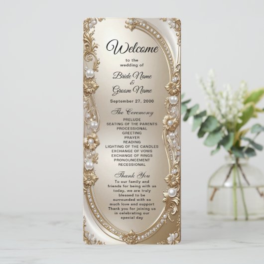 Programme Golden Ornate Frame with Pearls Wedding Program (Debout devant)
