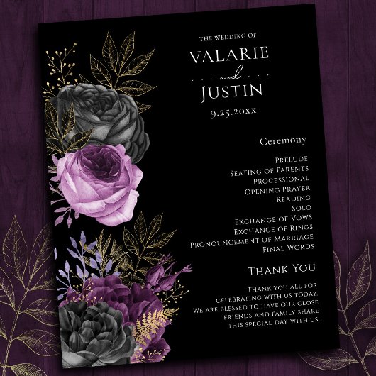 Programme gothique de mariage floral violet et noi