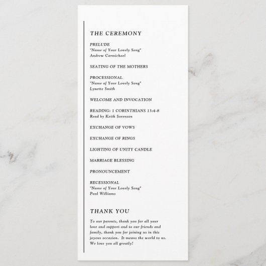 Programme Grace noir et blanc Mariage moderne (Dos)