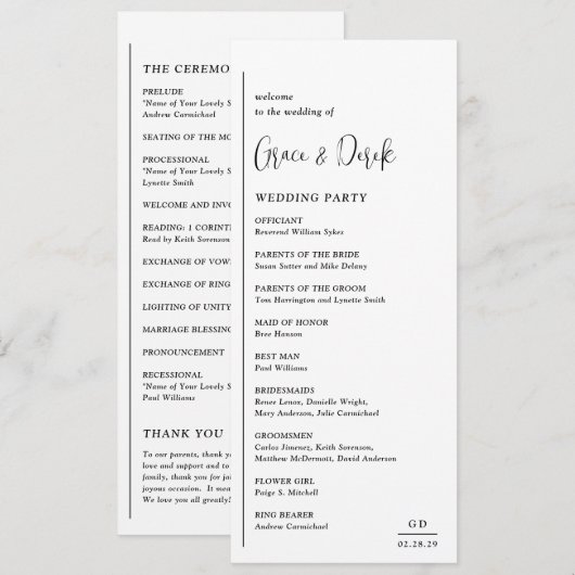 Programme Grace noir et blanc Mariage moderne (Devant / Derrière)