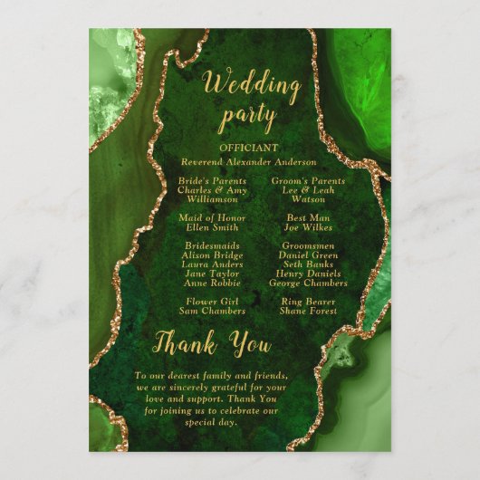 Programme Green and Gold Agate Wedding Program (Dos)