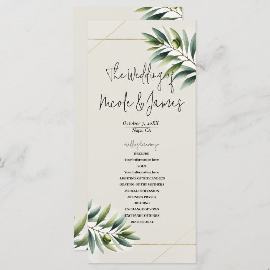 Programme Green Olive Leaf Bone White & Gold Rustic Programm (Devant / Derrière)