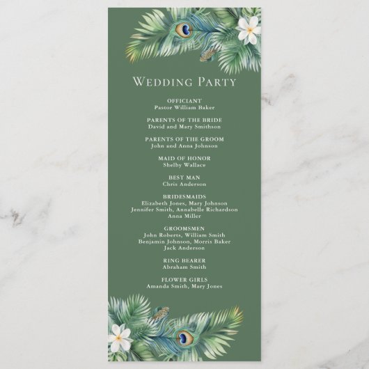 Programme Green Tropical Indian Peacock Plumes Mariage (Dos)