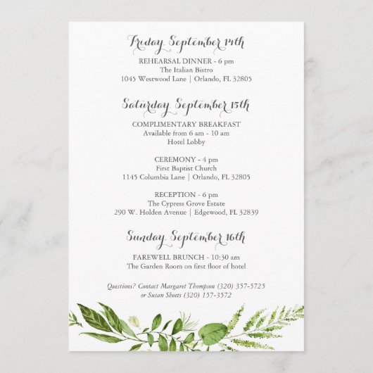 Programme Green Wreath Mariage Hotel Welcome Cards, Rustique (Dos)