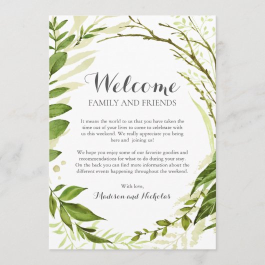 Programme Green Wreath Mariage Hotel Welcome Cards, Rustique (Devant)