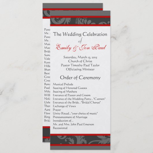 Programme Gris rouge 9x4 Mariage de swirl Damask (Devant / Derrière)