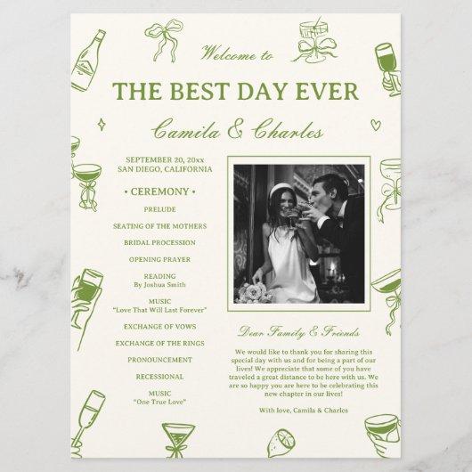 Programme Hand Drawn Doodle Green Wedding Program (Devant)
