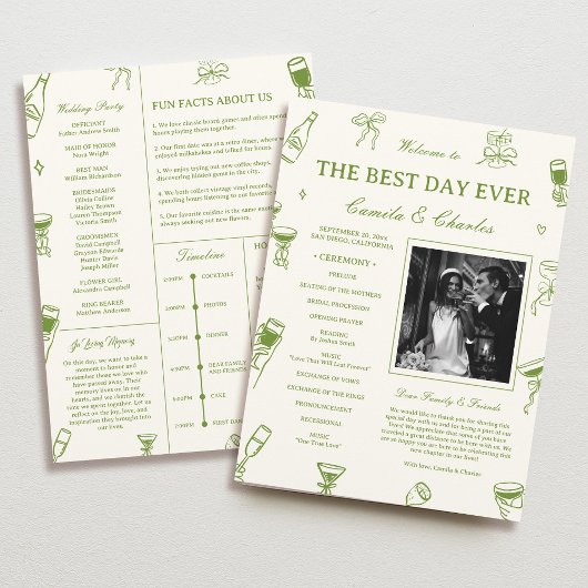 Programme Hand Drawn Doodle Green Wedding Program