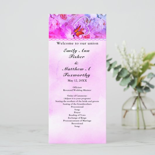 Programme Heart Pearls Pink Floral Butterfly Wedding Program (Debout devant)