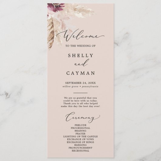 Programme Herbe Boho Pampas | Peach Wedding Program (Devant)