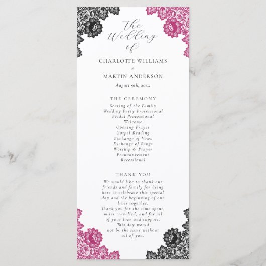 Programme Hot Pink and Black Floral Lace Wedding (Devant)
