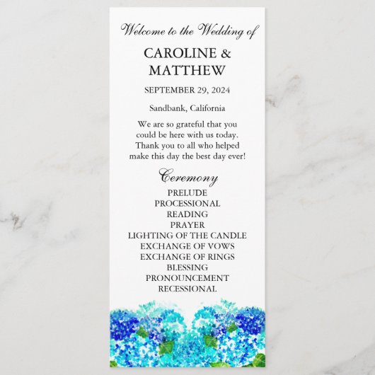 Programme Hydrangea Blue Floral Aquarelle Mariage rustique (Devant)