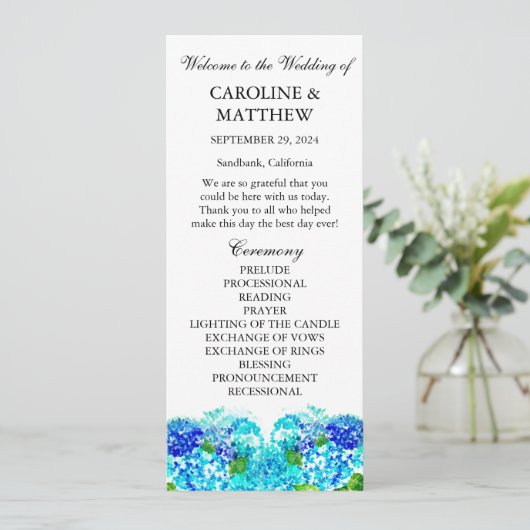 Programme Hydrangea Blue Floral Aquarelle Mariage rustique (Debout devant)