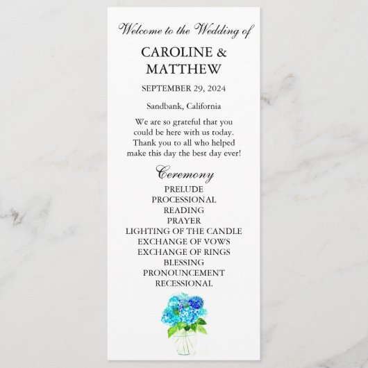 Programme Hydrangea Blue Floral Aquarelle Mariage rustique (Devant)