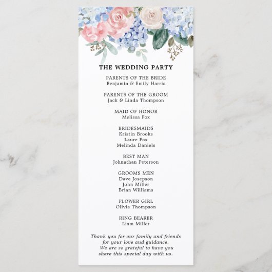 Programme Hydrangées bleu pâle rose pastel mariage (Dos)