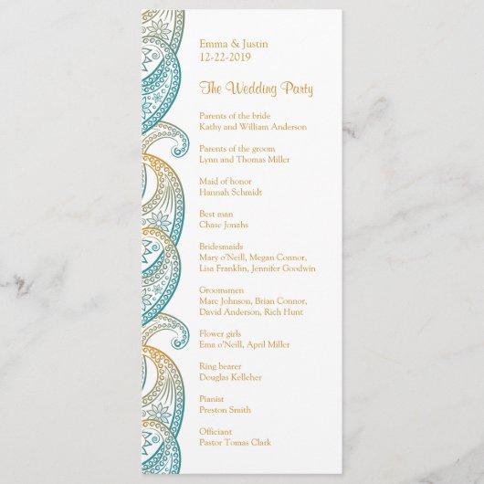 Programme Indian Paisley Turquoise et Gold Mariage (Devant)