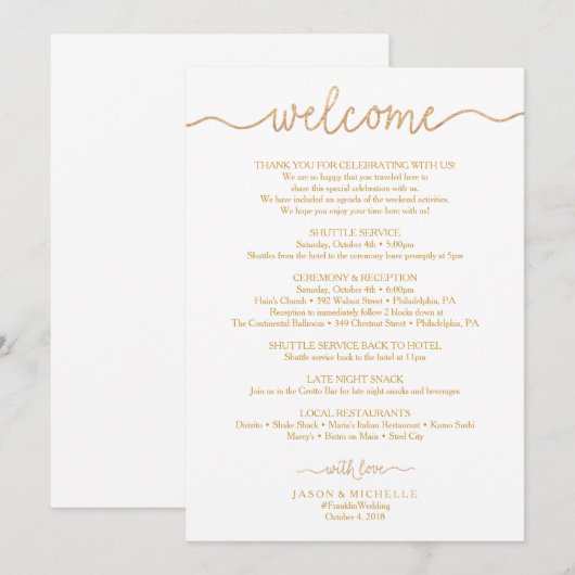 Programme Itinéraire de mariage à écriture dorée - Bienvenue (Devant / Derrière)