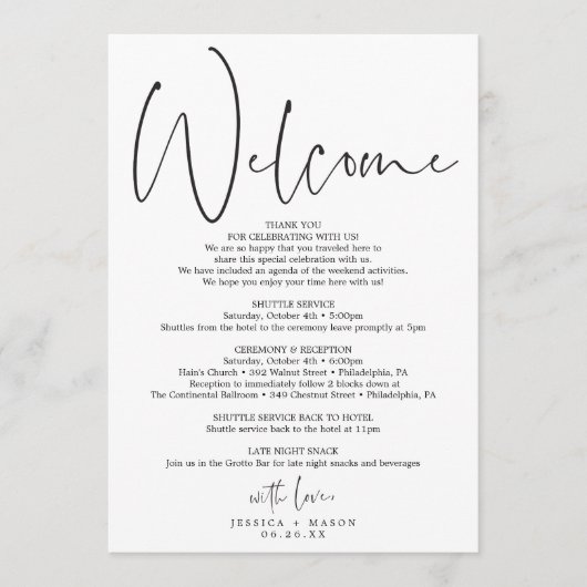 Programme Itinéraire de mariage à script minimal - Bienvenue (Devant)