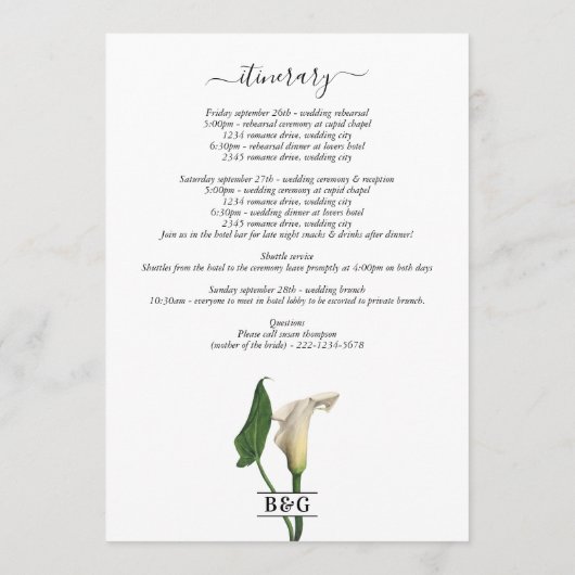 Programme Itinéraire du Mariage botanique de Calla Lily (Dos)