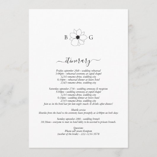 Programme Itinéraire du Mariage de monogramme à main fleur s (Dos)