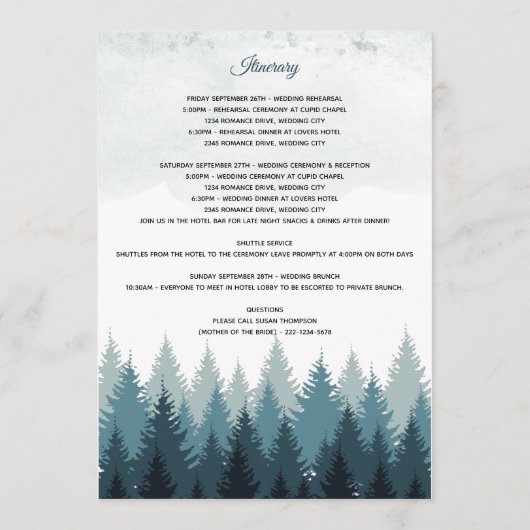 Programme Itinéraire Mariage de la forêt d'Aquarelle de pin (Dos)