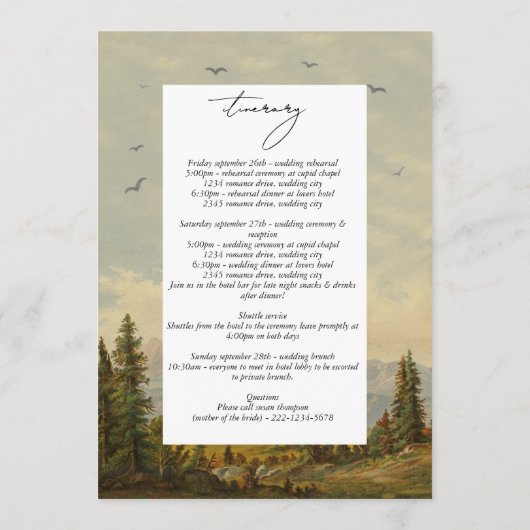 Programme Itinéraire Mariage de la forêt de pins d'aquarelle (Dos)