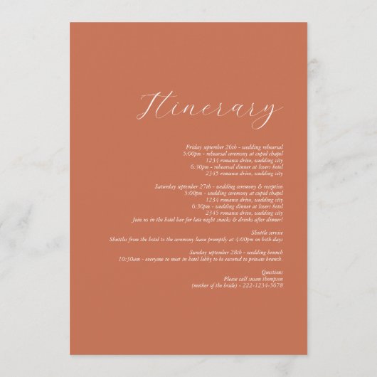 Programme Itinéraire Mariage de script élégant en terre cuit (Dos)