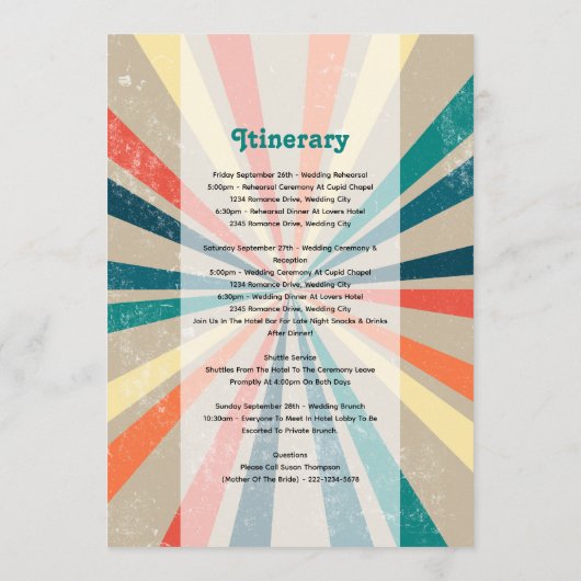 Programme Itinéraire Mariage de Sunburst rétro coloré (Dos)