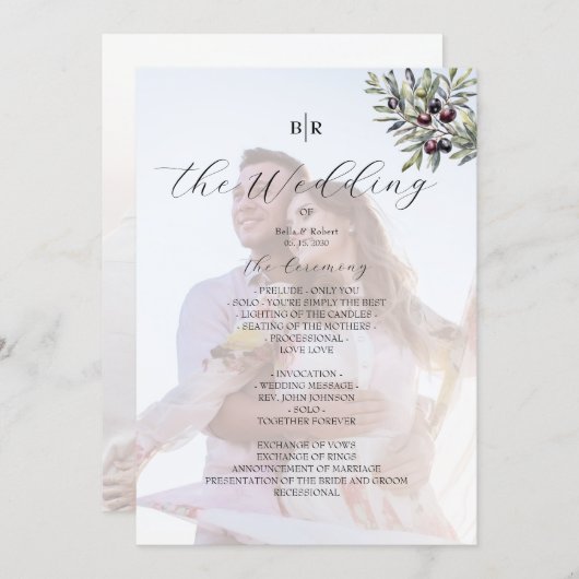 Programme Ivory Olive Monogram Photo Wedding Program (Devant / Derrière)