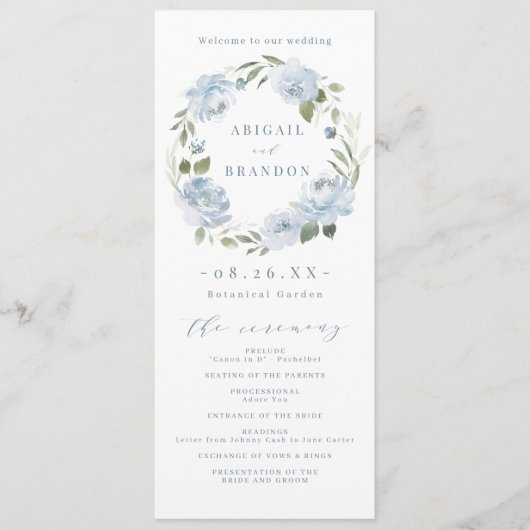 Programme Jardin romantique mariage floral bleu poussiéreux (Devant)