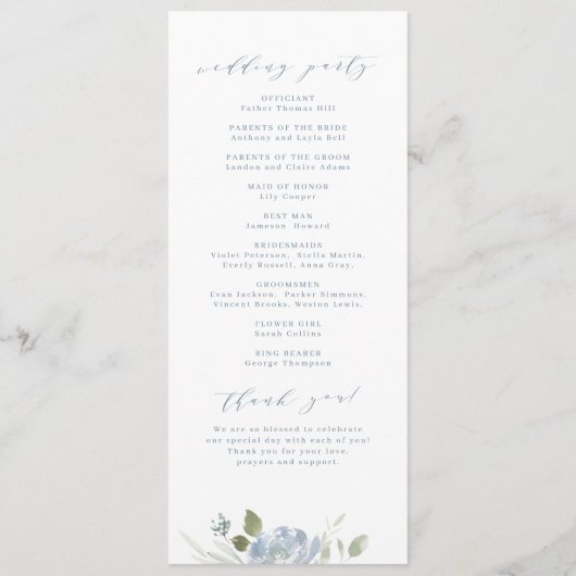 Programme Jardin romantique mariage floral bleu poussiéreux (Dos)
