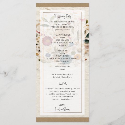 Programme Jardin Whimsical Pressé Fleurs Mariage bohème (Dos)