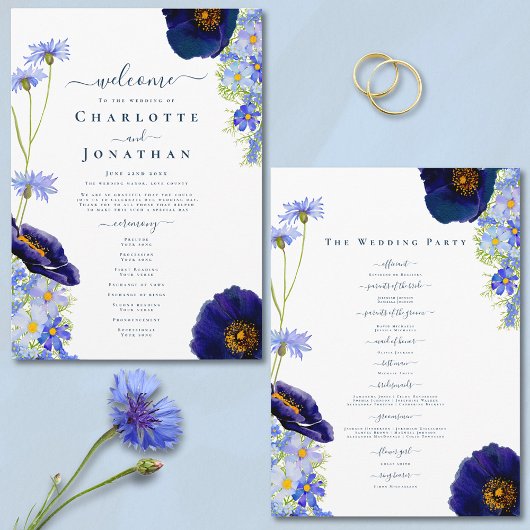 Programme Jour de Mariage Bleu Fleur Sauvage Moderne