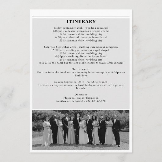 Programme Journal mariage Fun Black White Photo Itinéraire (Dos)